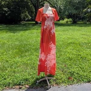 Vintage 70s Orange Angel Sleeve Hawaiian Boho Maxi Beach Dress by Malama Sophist